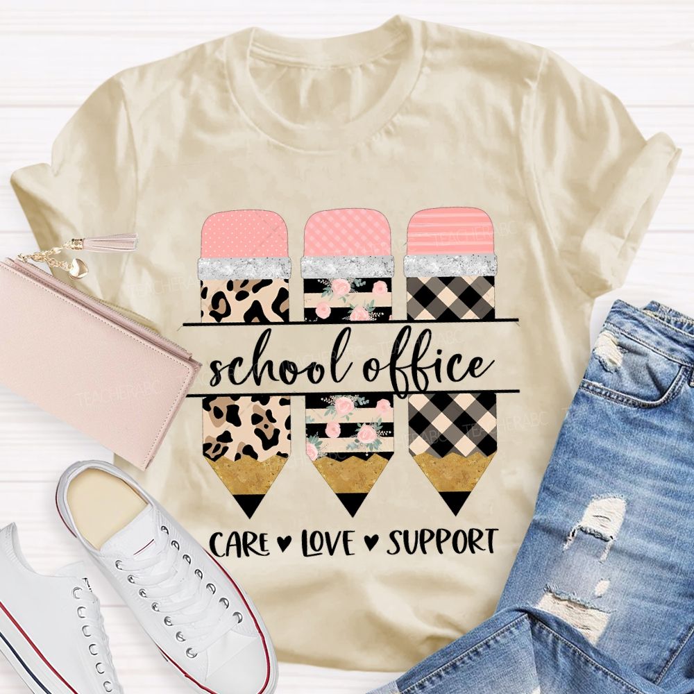 School Office Care Love Support Leopard Print Pencil T-shirt
