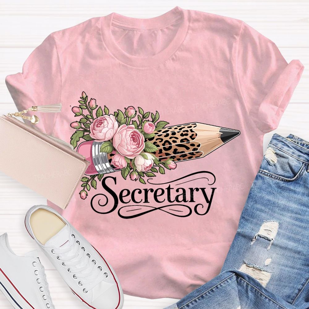 School Secretary Flower And Leopard Print Pencils T-shirt