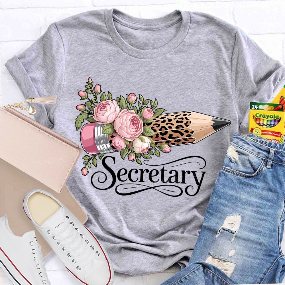 School Secretary Flower And Leopard Print Pencils T-shirt