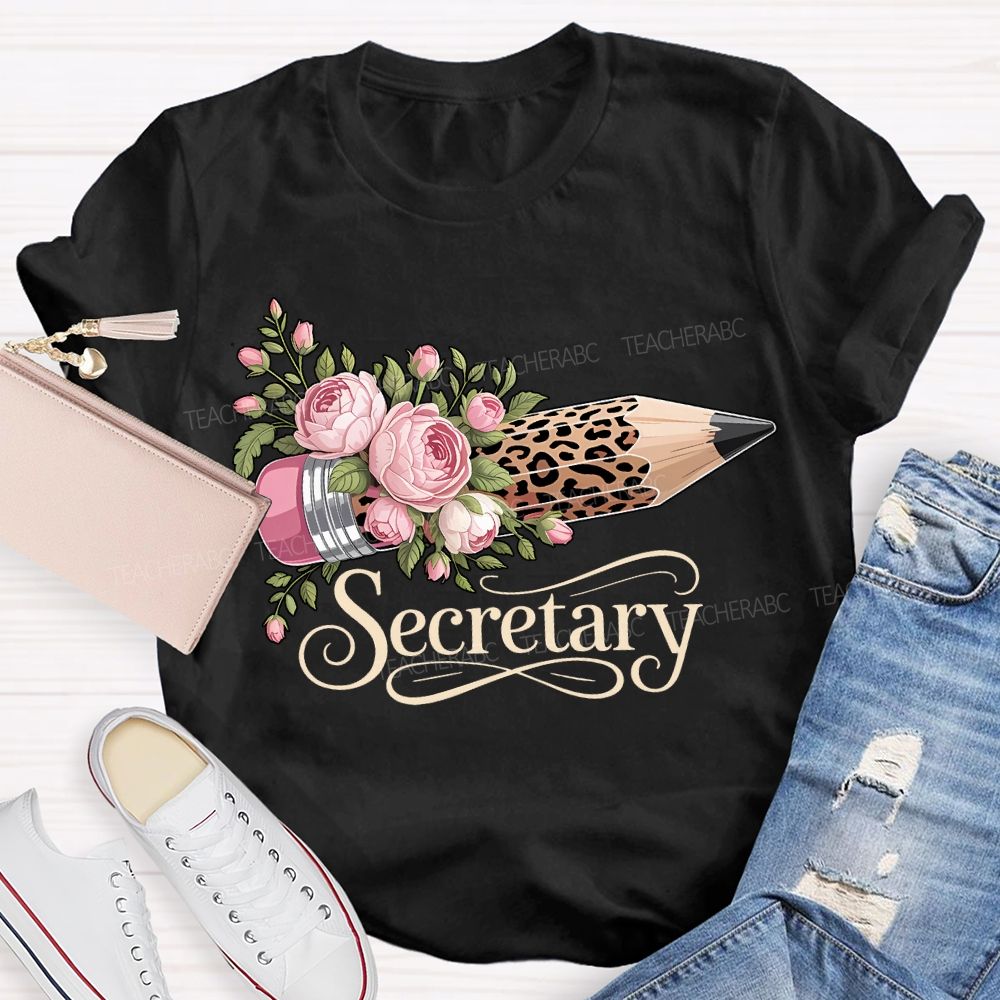 School Secretary Flower And Leopard Print Pencils T-shirt