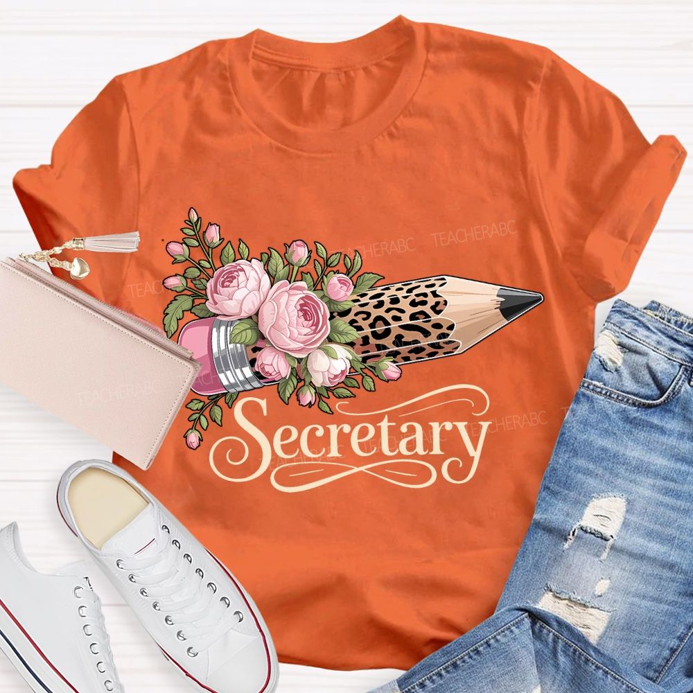 School Secretary Flower And Leopard Print Pencils T-shirt