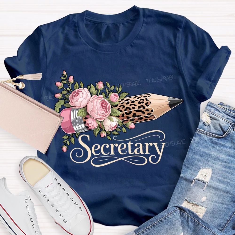 School Secretary Flower And Leopard Print Pencils T-shirt