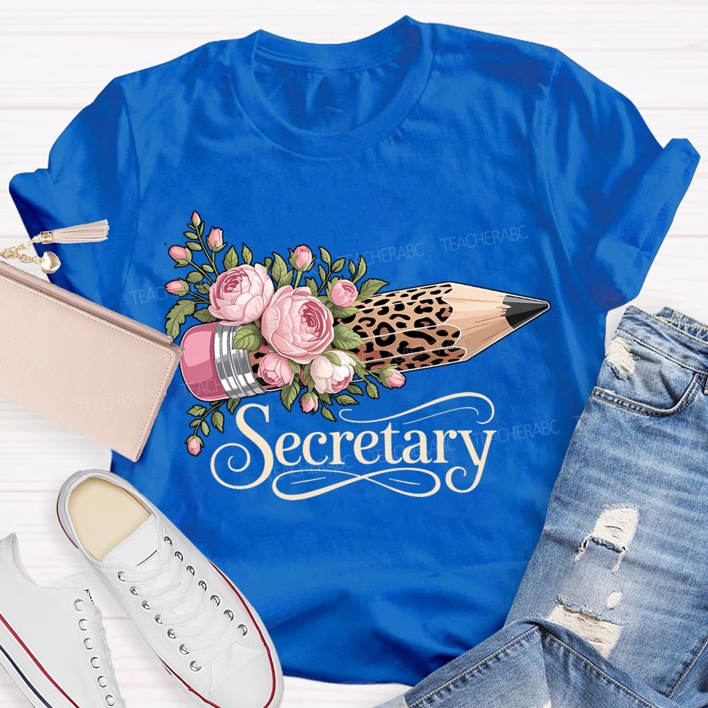 School Secretary Flower And Leopard Print Pencils T-shirt