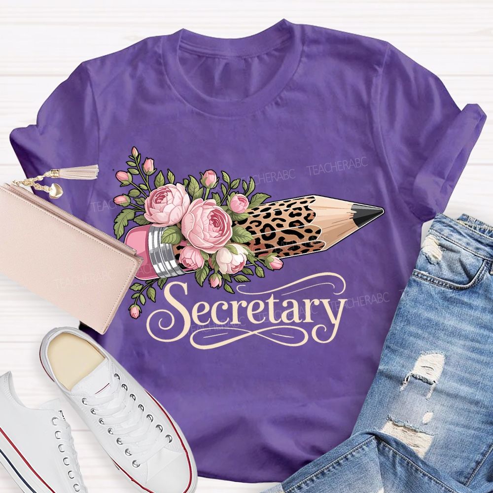 School Secretary Flower And Leopard Print Pencils T-shirt
