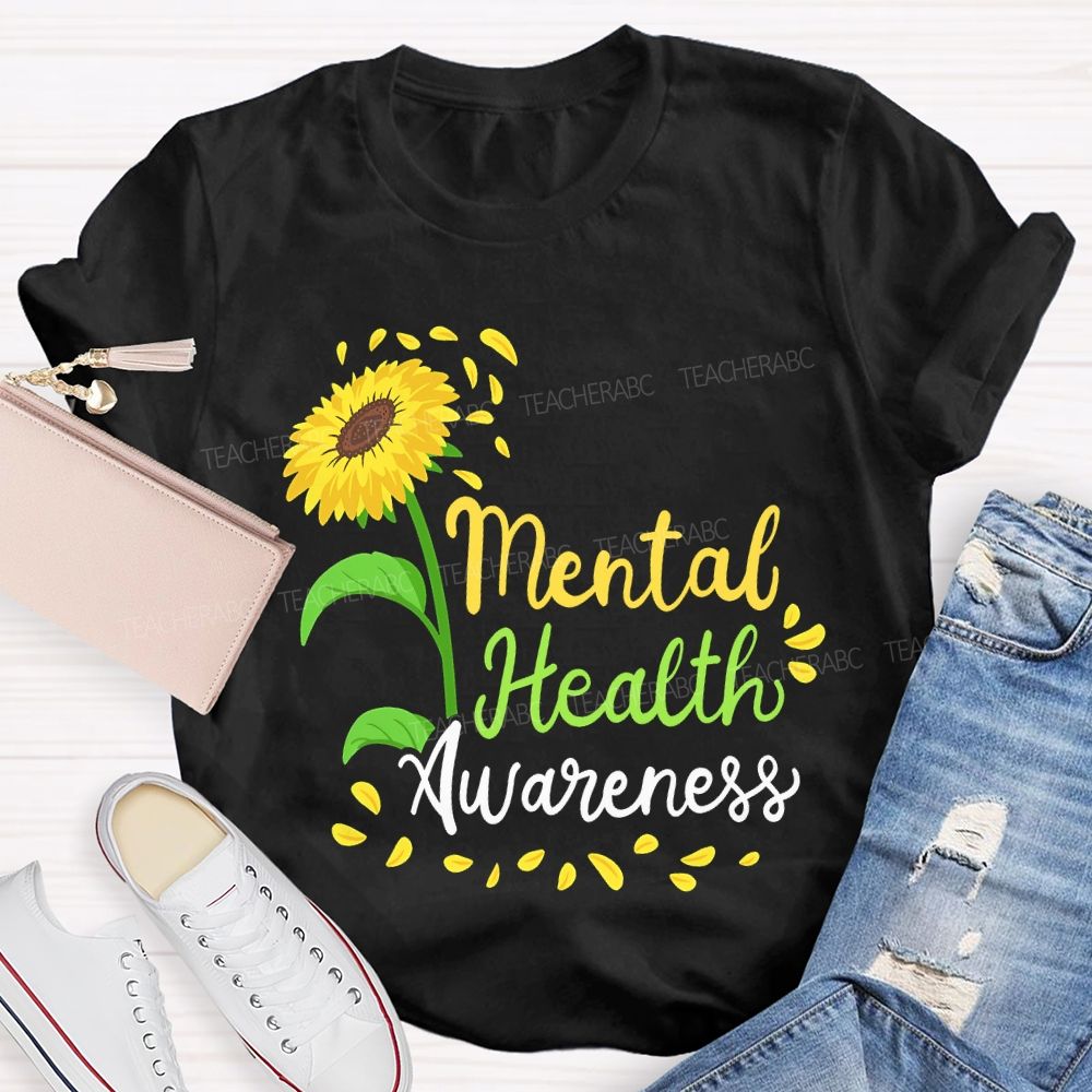 Mental Health Awareness Sunflower Print Teacher T-shirt