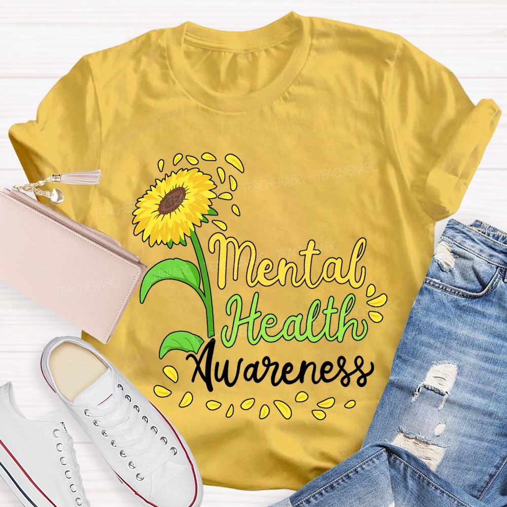 Mental Health Awareness Sunflower Print Teacher T-shirt
