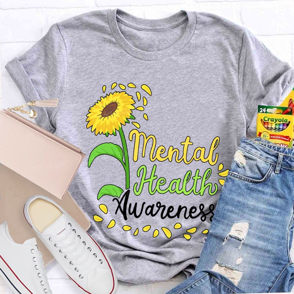 Mental Health Awareness Sunflower Print Teacher T-shirt
