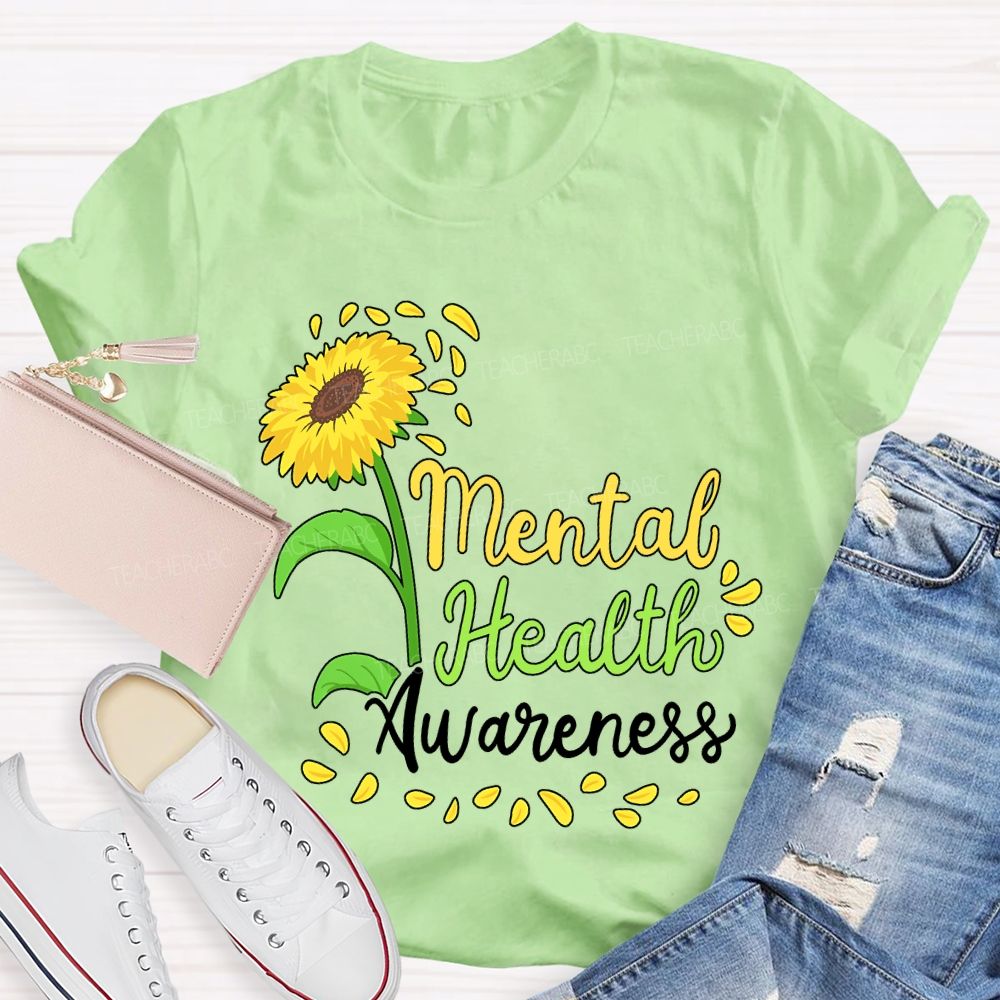 Mental Health Awareness Sunflower Print Teacher T-shirt