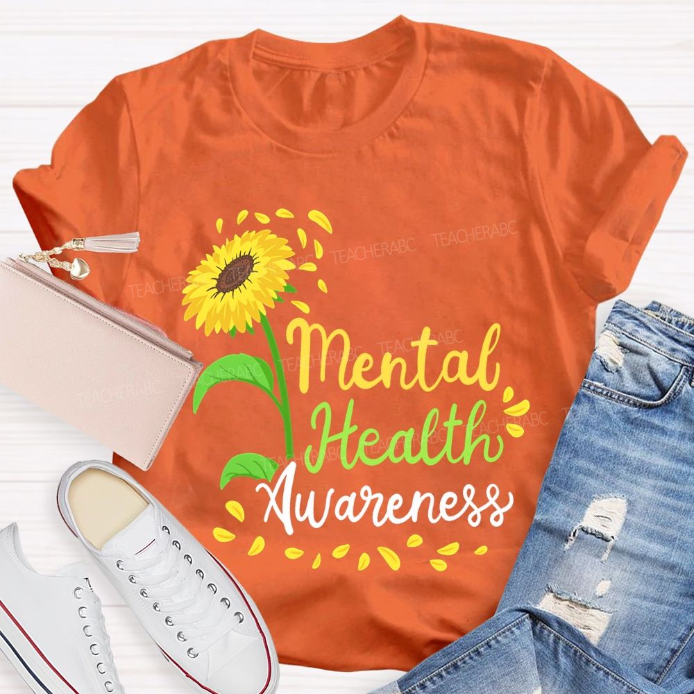 Mental Health Awareness Sunflower Print Teacher T-shirt
