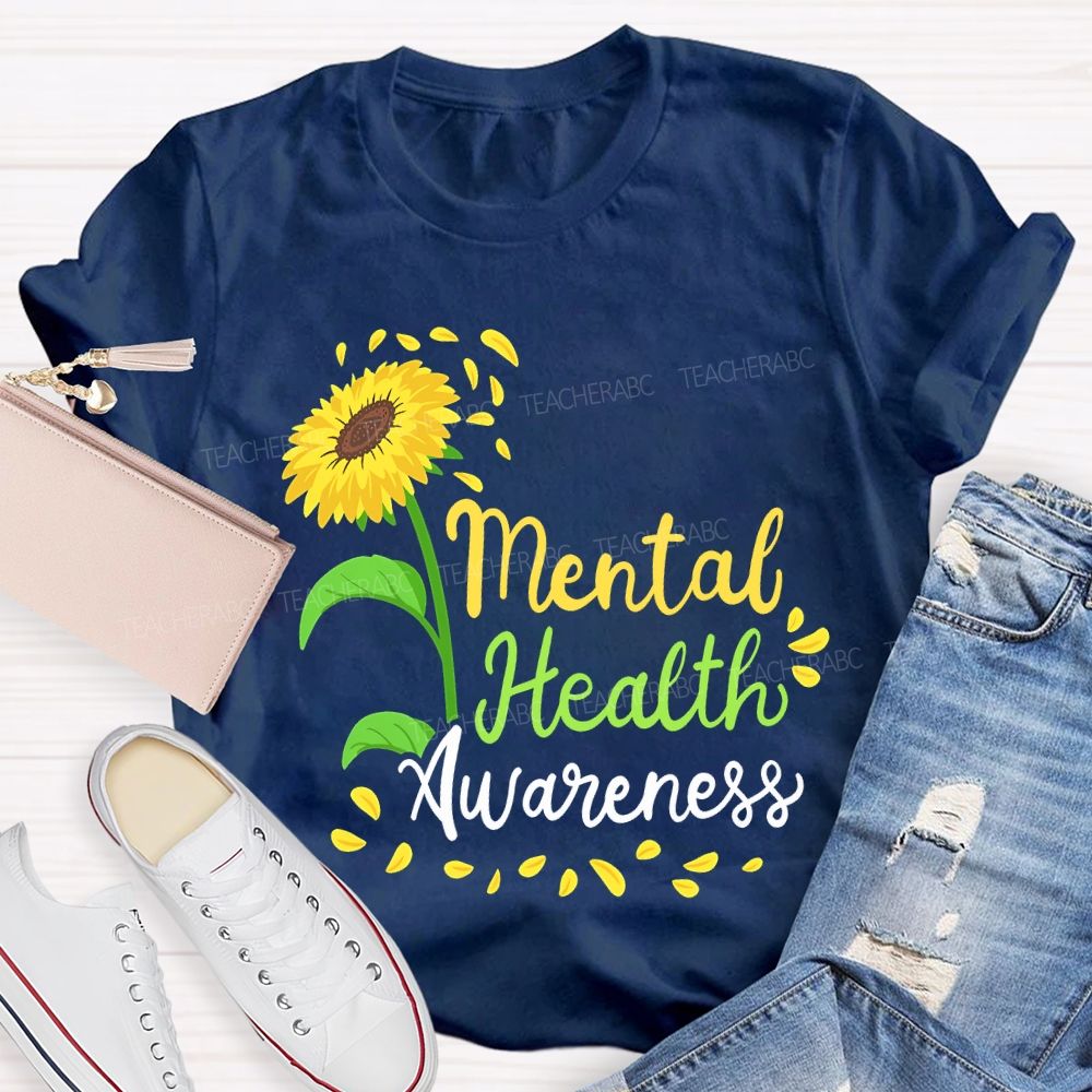 Mental Health Awareness Sunflower Print Teacher T-shirt