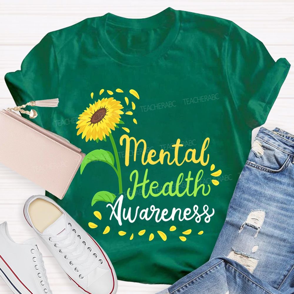 Mental Health Awareness Sunflower Print Teacher T-shirt