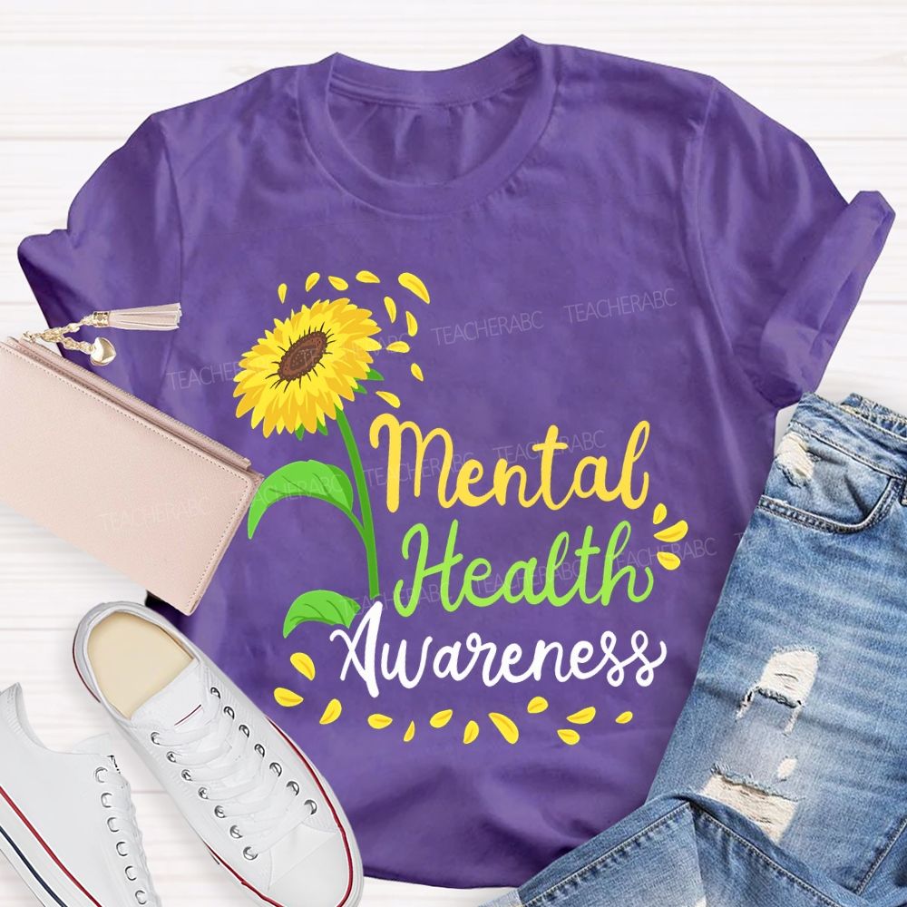 Mental Health Awareness Sunflower Print Teacher T-shirt