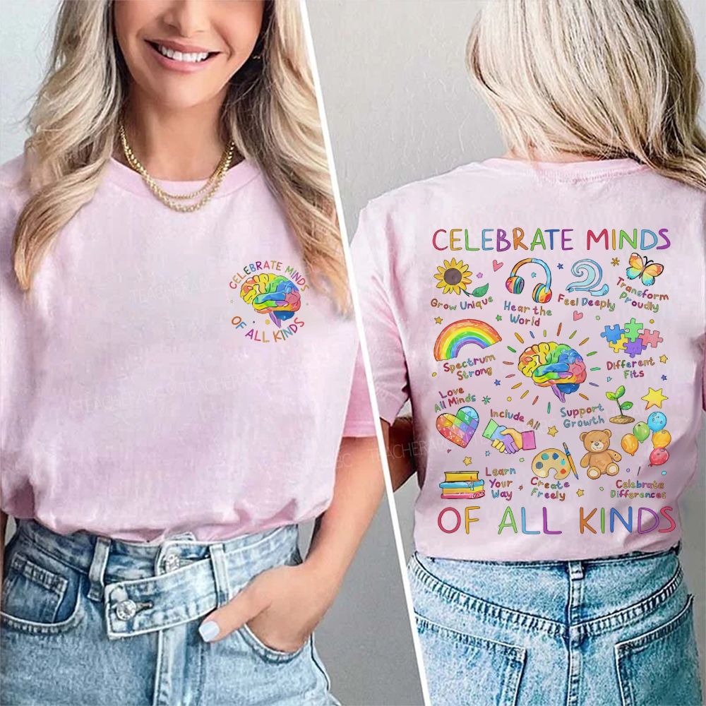 Celebrate Minds Of All Kinds Brain Graphics Double Printed T-shirt