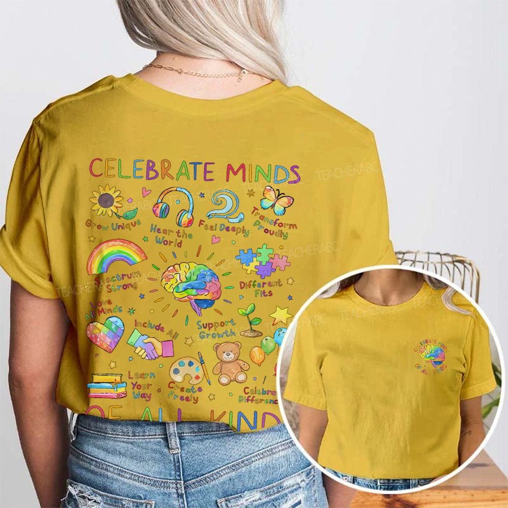 Celebrate Minds Of All Kinds Brain Graphics Double Printed T-shirt