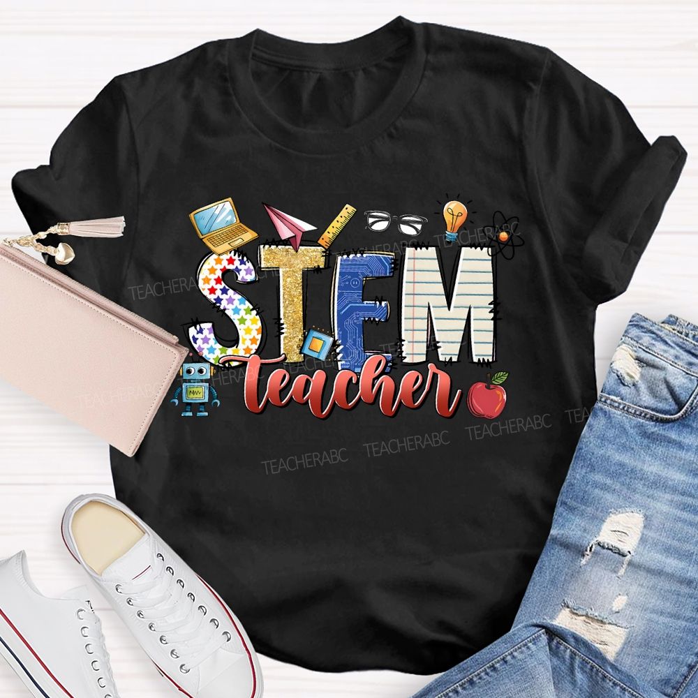 Stem Teacher Science Math Colored Fonts Teacher T-shirt