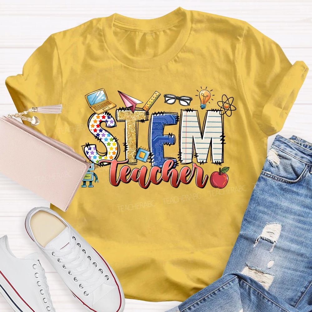 Stem Teacher Science Math Colored Fonts Teacher T-shirt