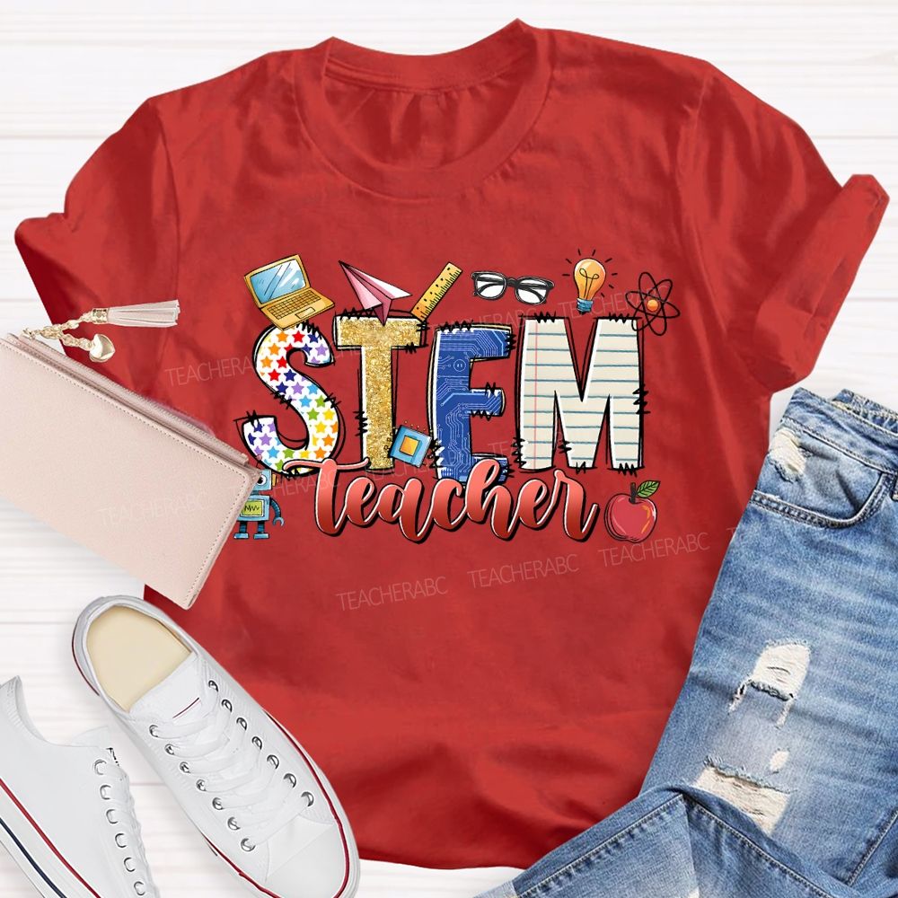 Stem Teacher Science Math Colored Fonts Teacher T-shirt