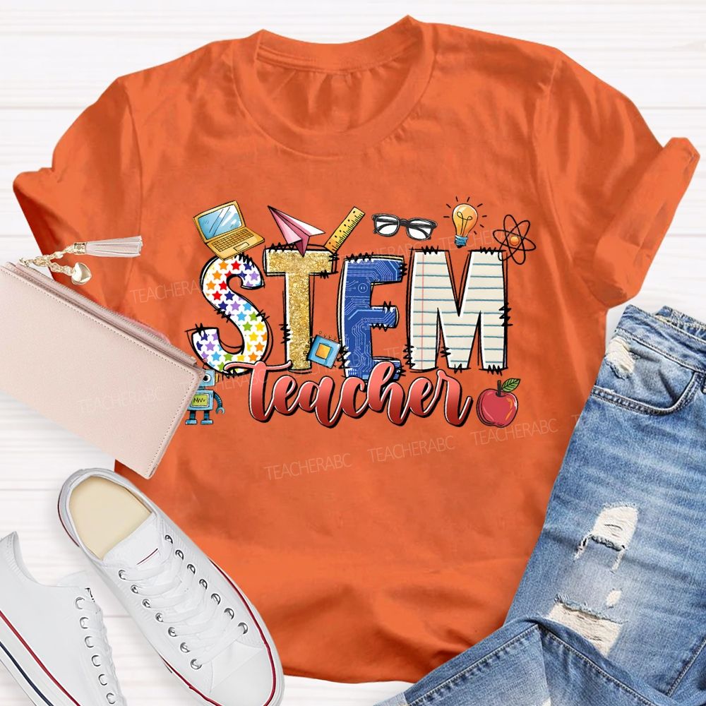 Stem Teacher Science Math Colored Fonts Teacher T-shirt