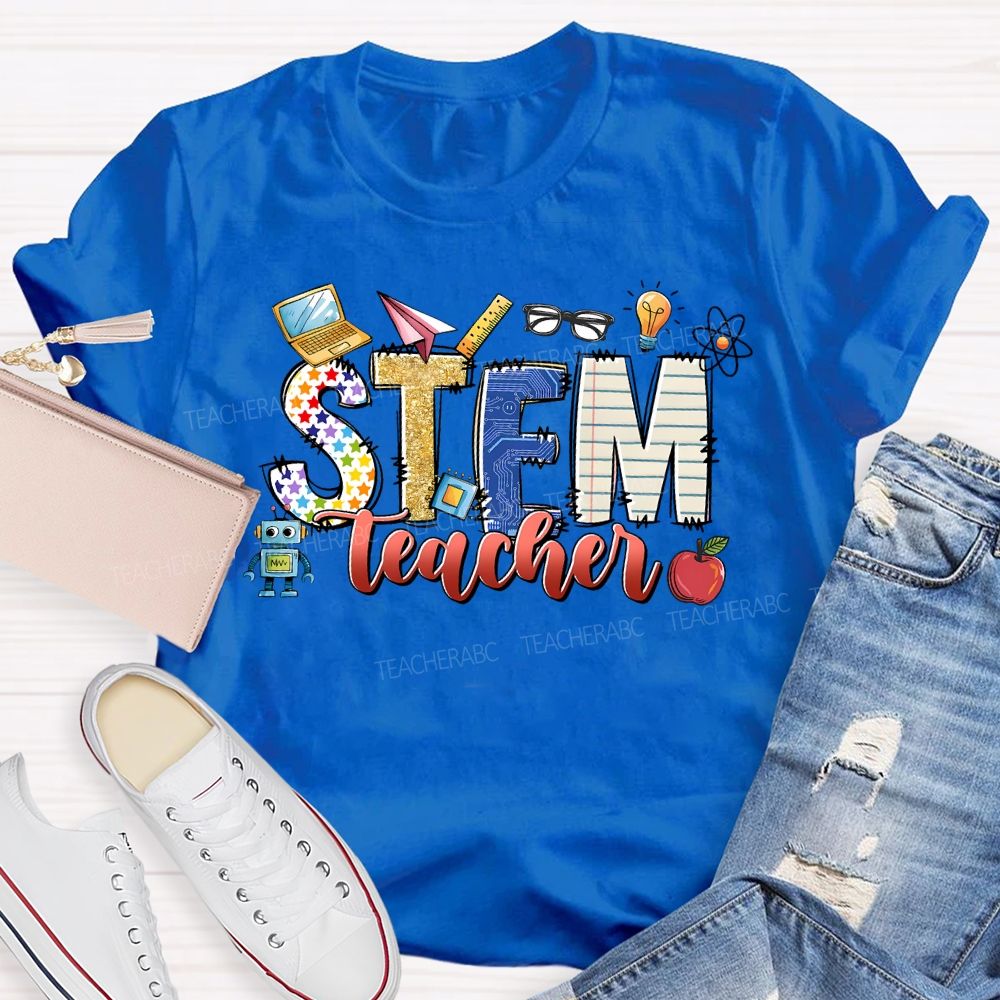 Stem Teacher Science Math Colored Fonts Teacher T-shirt