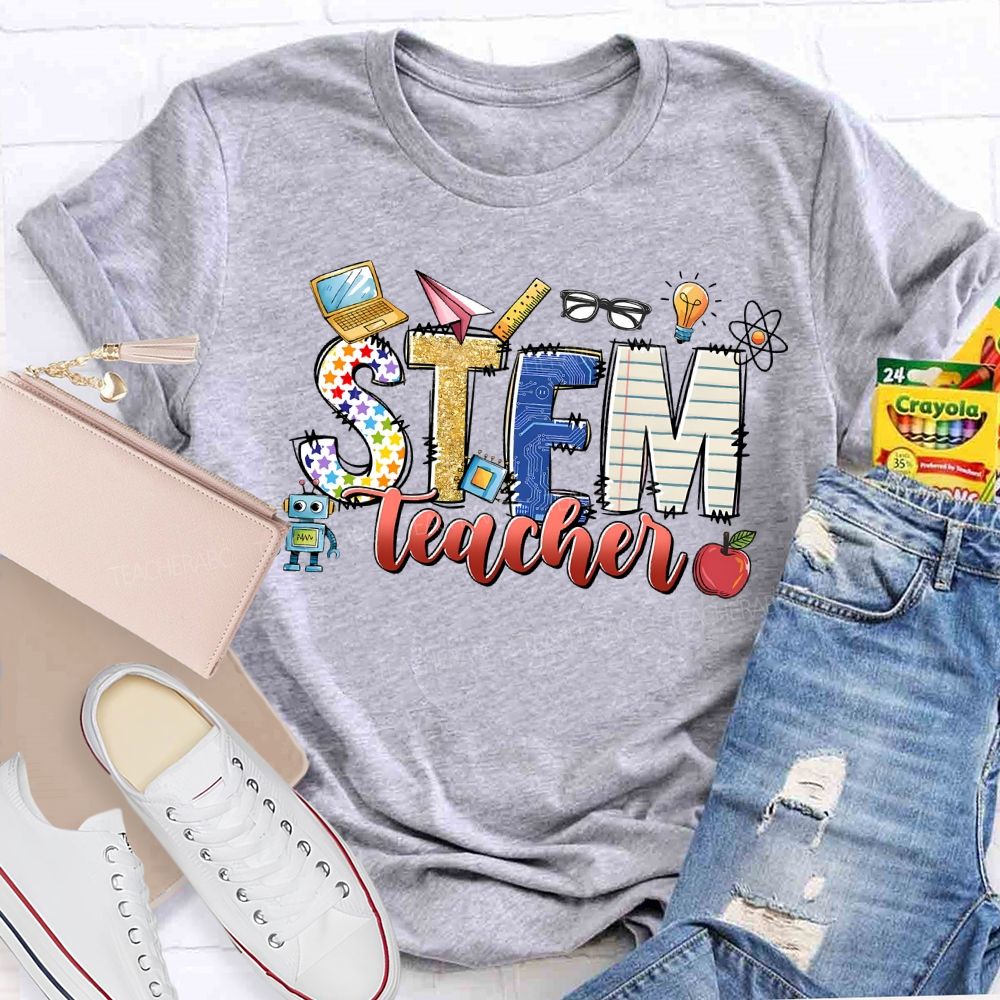 Stem Teacher Science Math Colored Fonts Teacher T-shirt