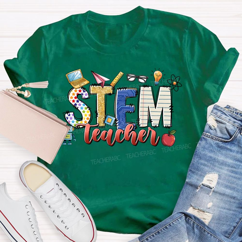 Stem Teacher Science Math Colored Fonts Teacher T-shirt