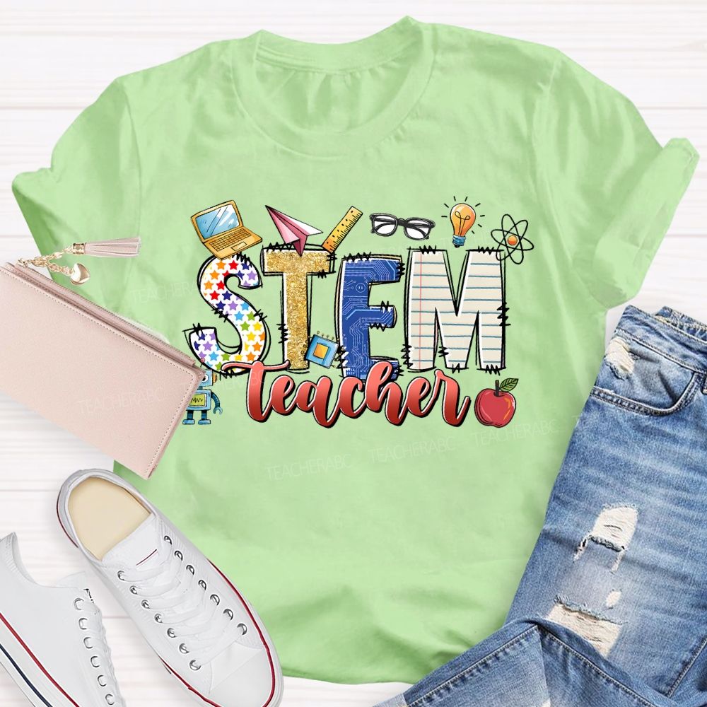 Stem Teacher Science Math Colored Fonts Teacher T-shirt