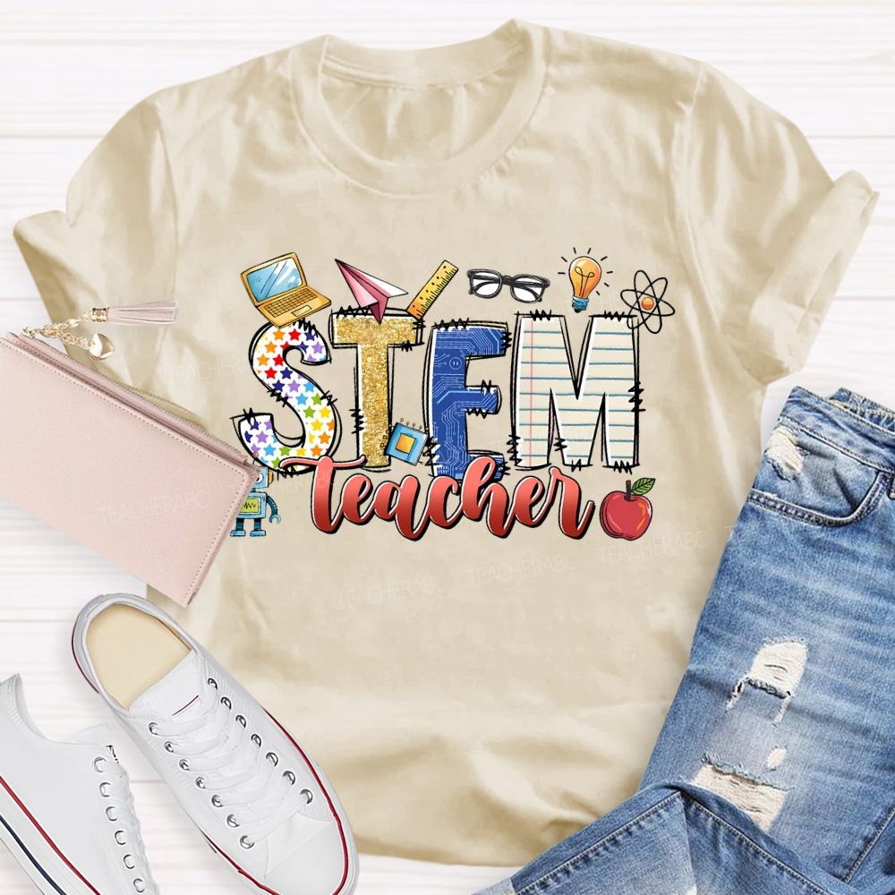 Stem Teacher Science Math Colored Fonts Teacher T-shirt
