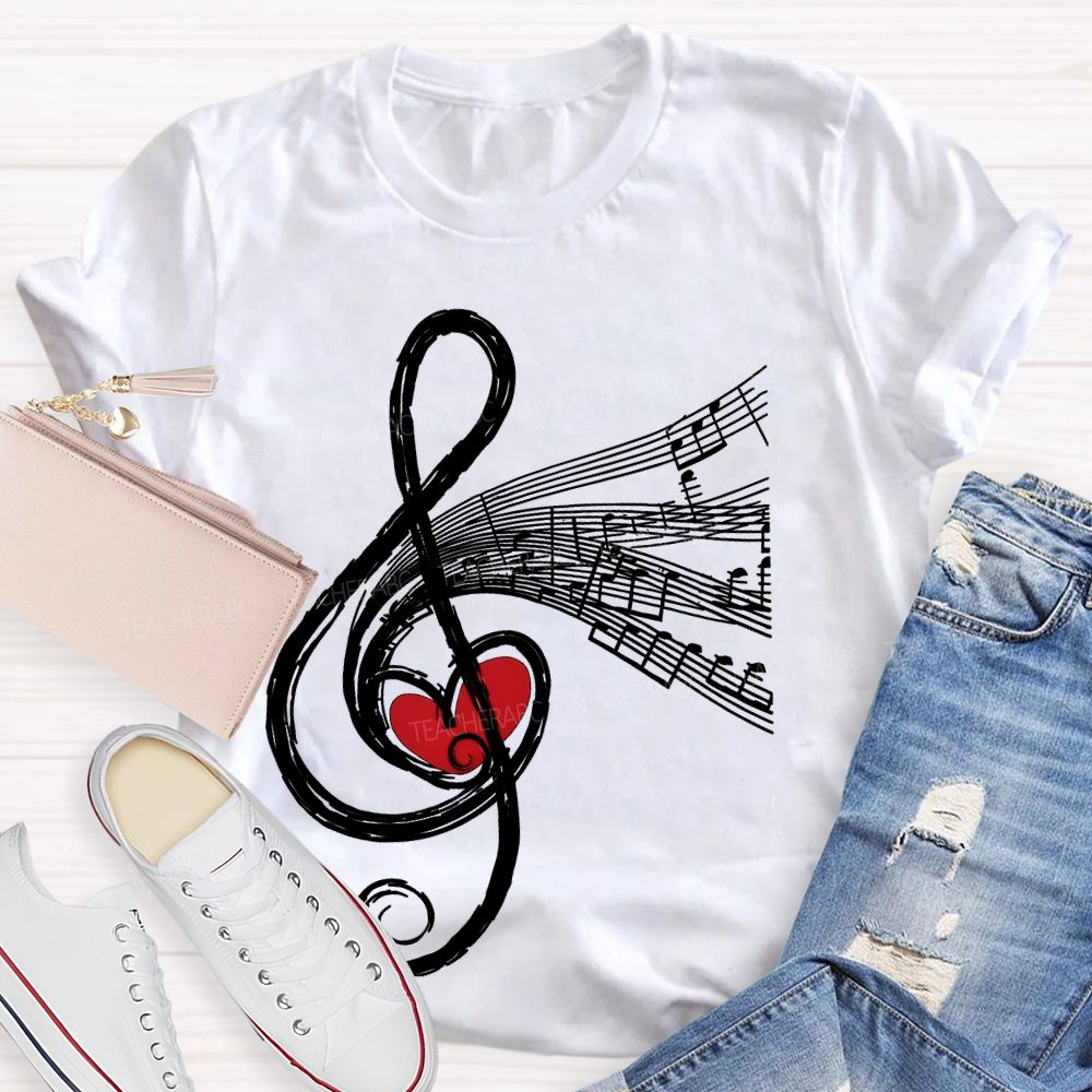 Musical Notes Heart Graphic Teacher T-shirt
