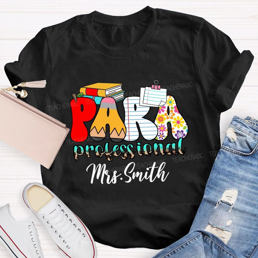 Personalized Name Paraprofessional Red Apple Pencil Strip Teacher T-Shirt