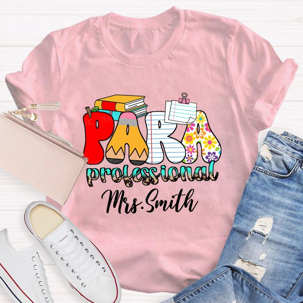Personalized Name Paraprofessional Red Apple Pencil Strip Teacher T-Shirt