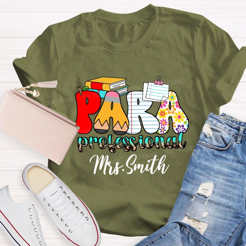 Personalized Name Paraprofessional Red Apple Pencil Strip Teacher T-Shirt