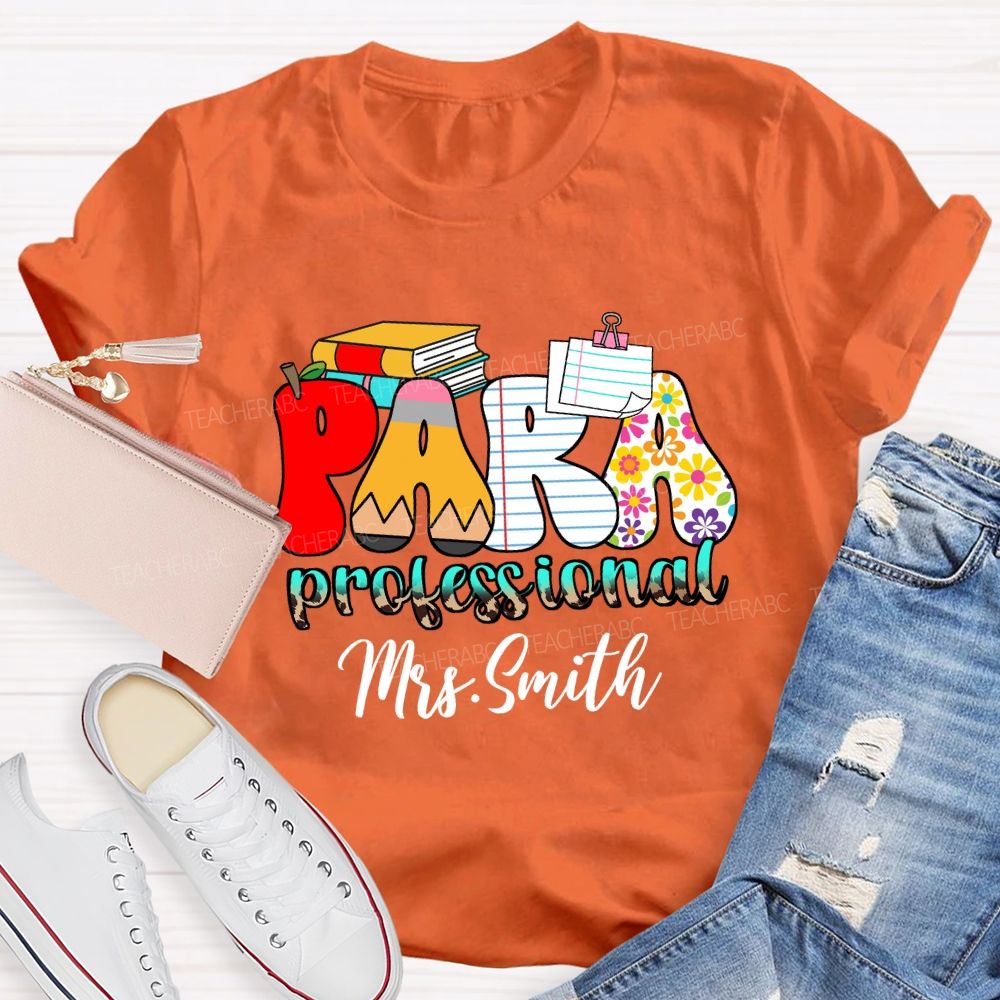 Personalized Name Paraprofessional Red Apple Pencil Strip Teacher T-Shirt