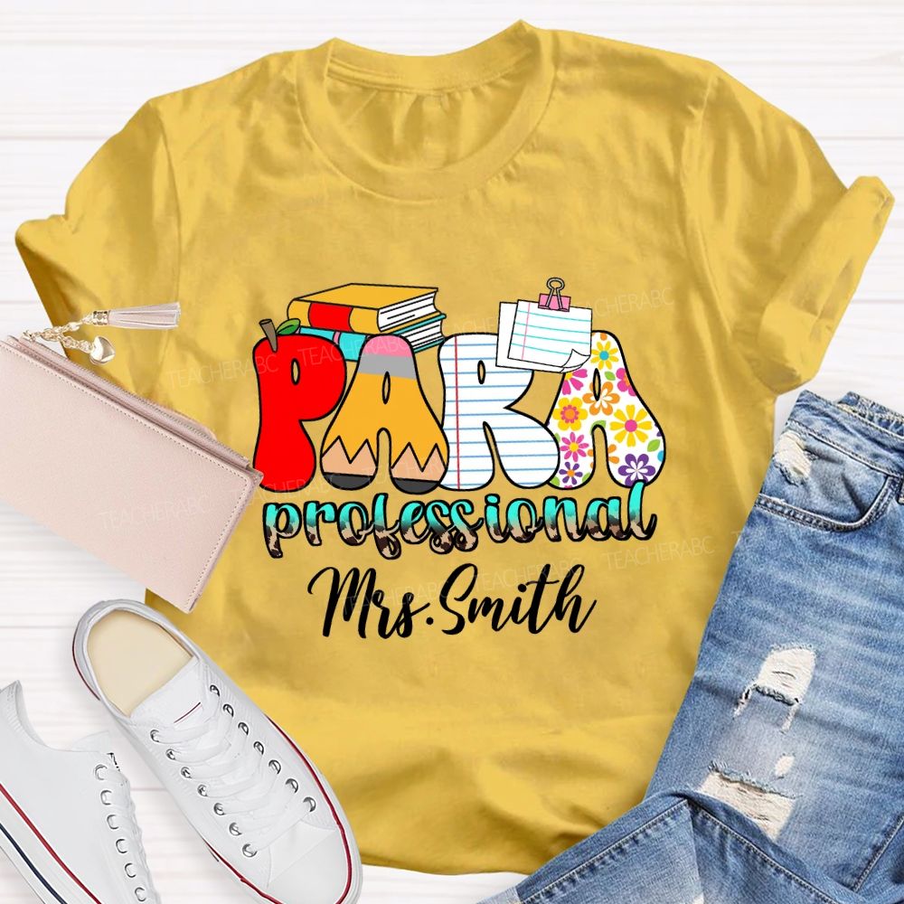 Personalized Name Paraprofessional Red Apple Pencil Strip Teacher T-Shirt