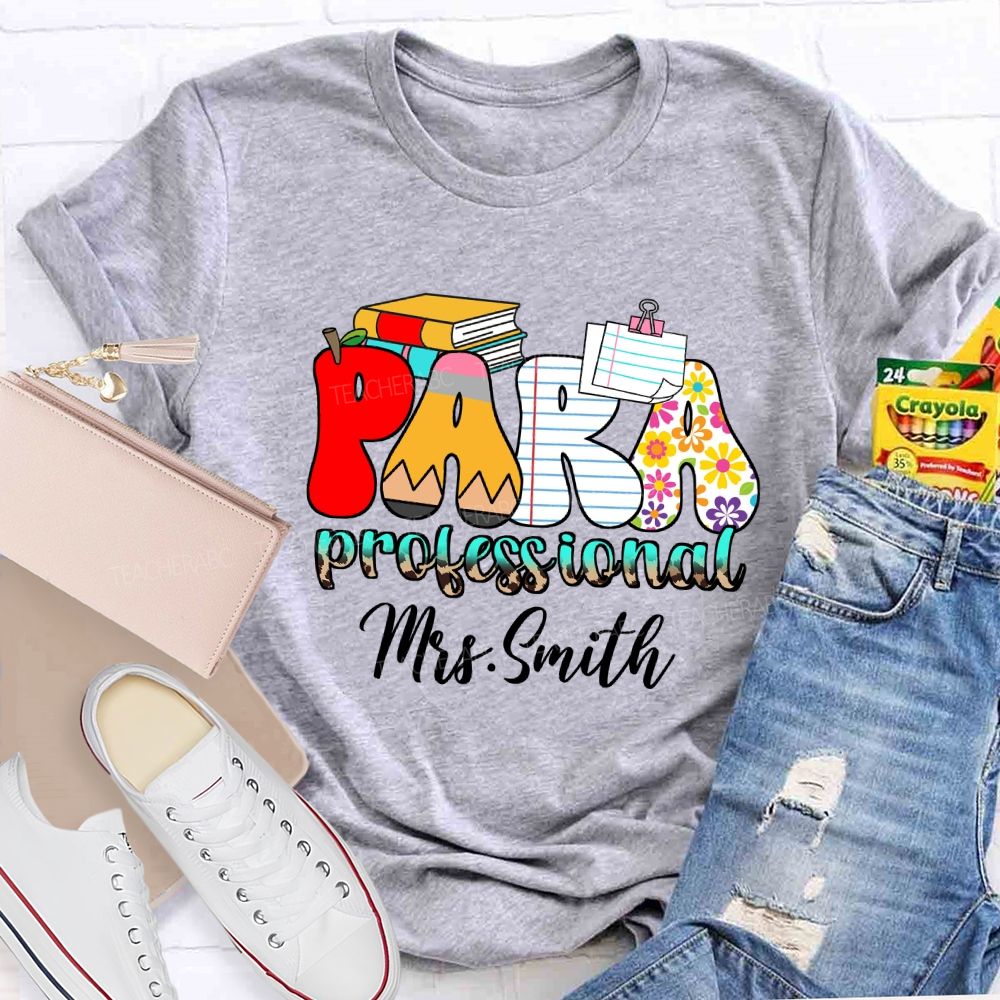 Personalized Name Paraprofessional Red Apple Pencil Strip Teacher T-Shirt