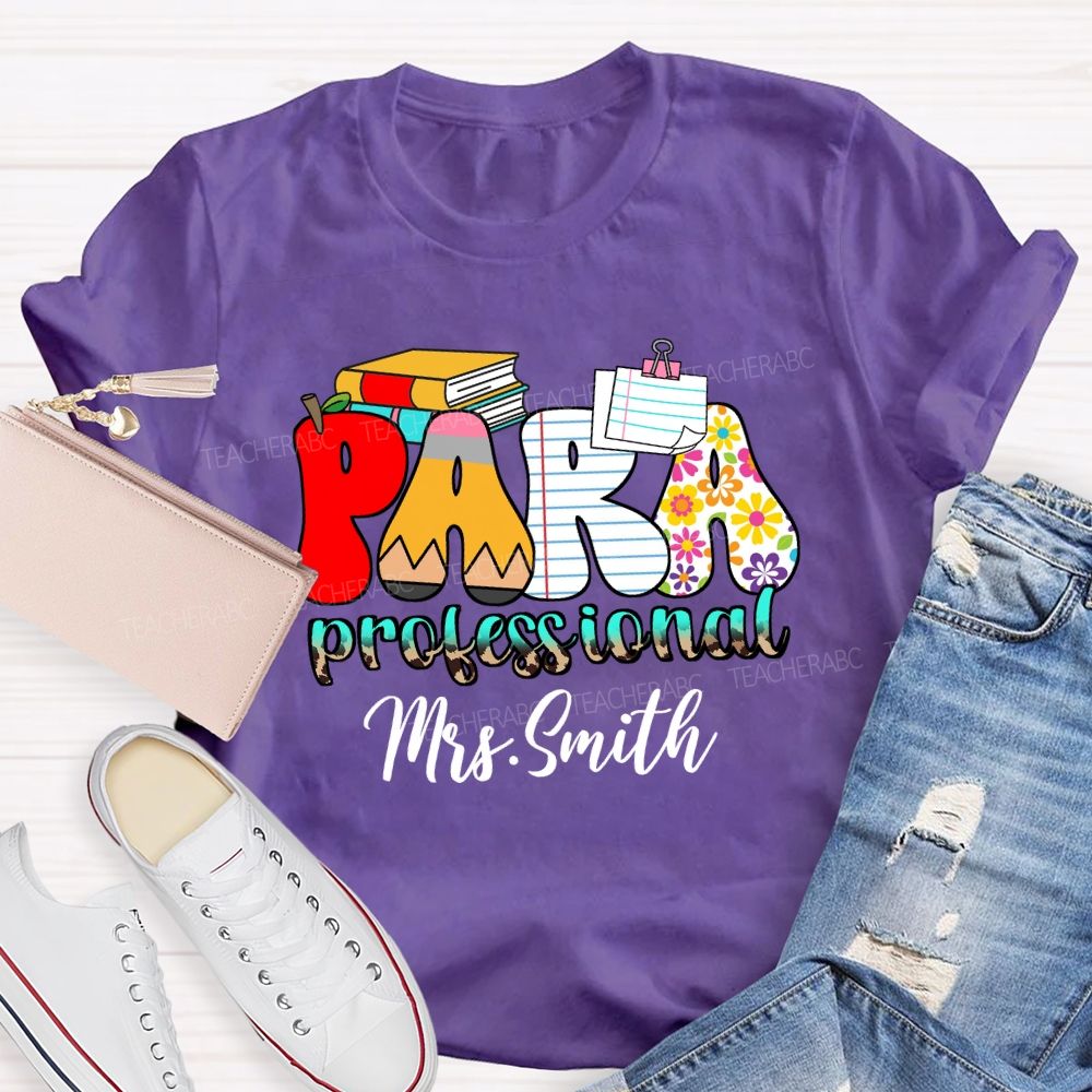 Personalized Name Paraprofessional Red Apple Pencil Strip Teacher T-Shirt