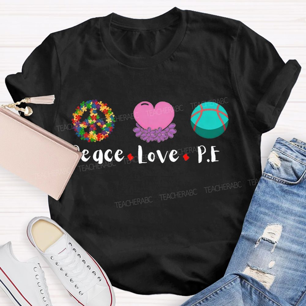 Peace Love Pe Teacher Wreaths And Hearts Teacher T-shirt