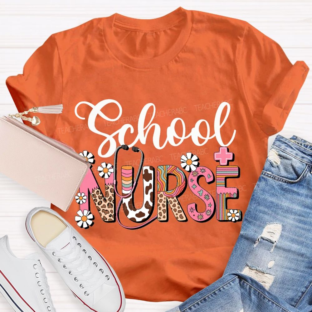 School Nurse Small Flowers And Colorful Fonts T-shirt