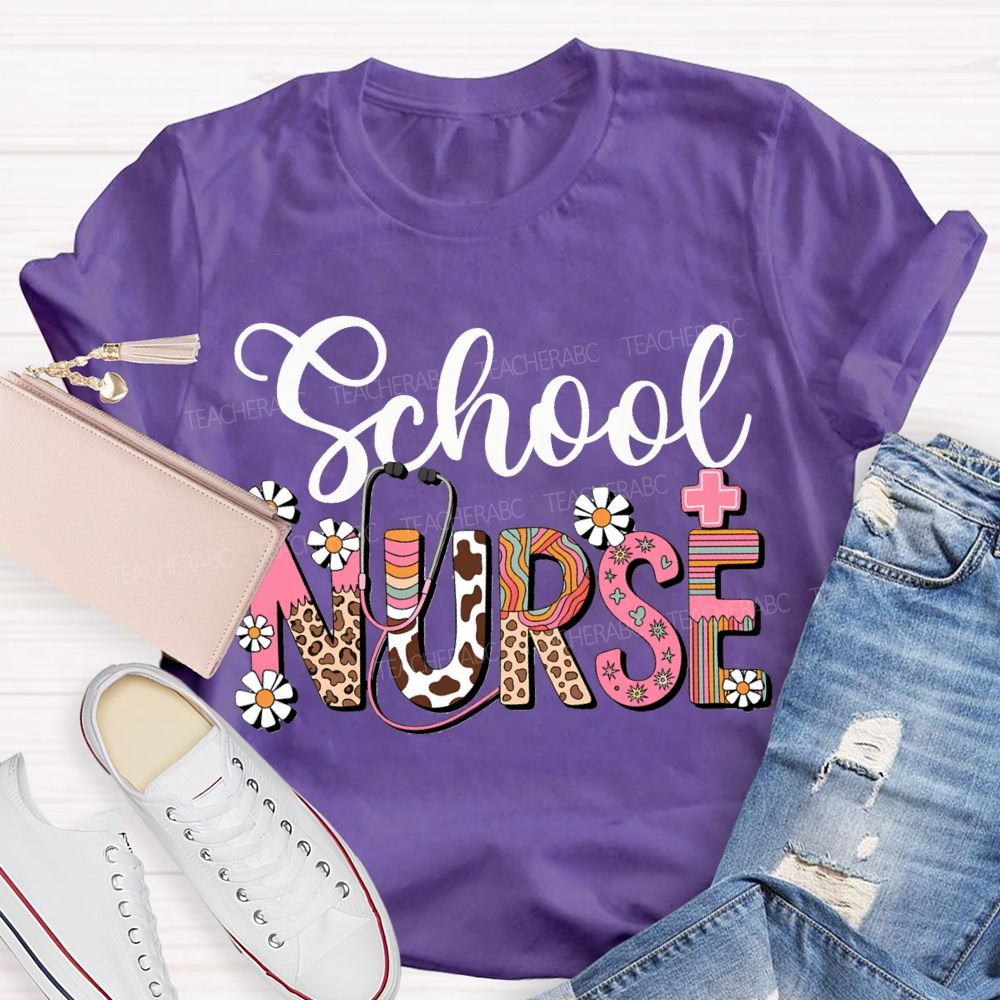 School Nurse Small Flowers And Colorful Fonts T-shirt