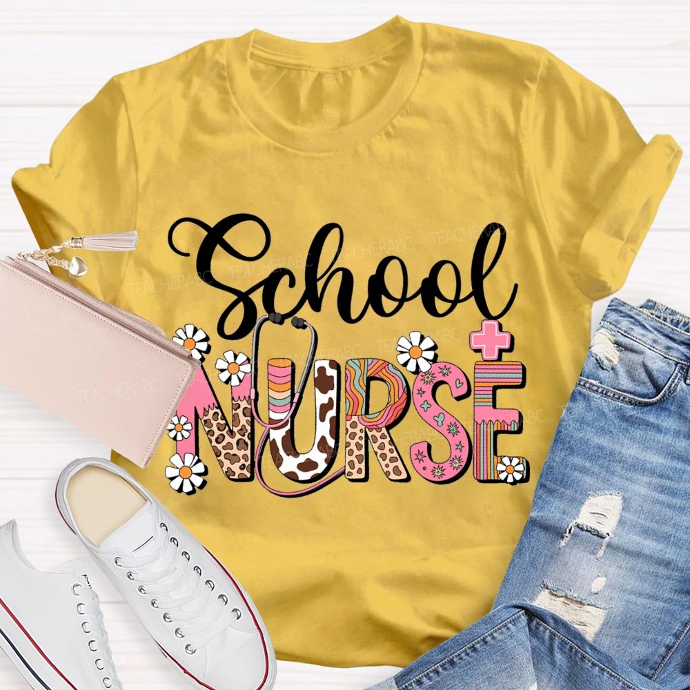 School Nurse Small Flowers And Colorful Fonts T-shirt