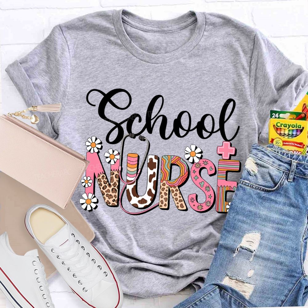 School Nurse Small Flowers And Colorful Fonts T-shirt