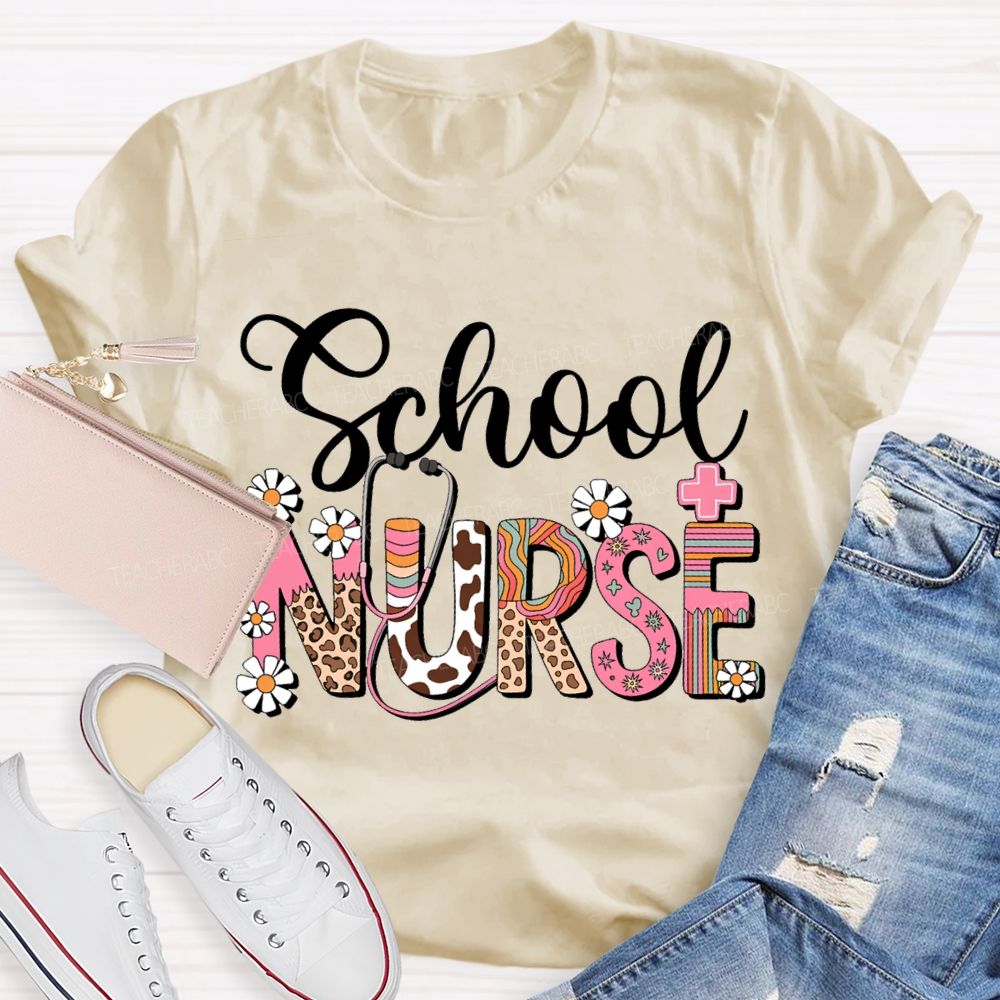 School Nurse Small Flowers And Colorful Fonts T-shirt