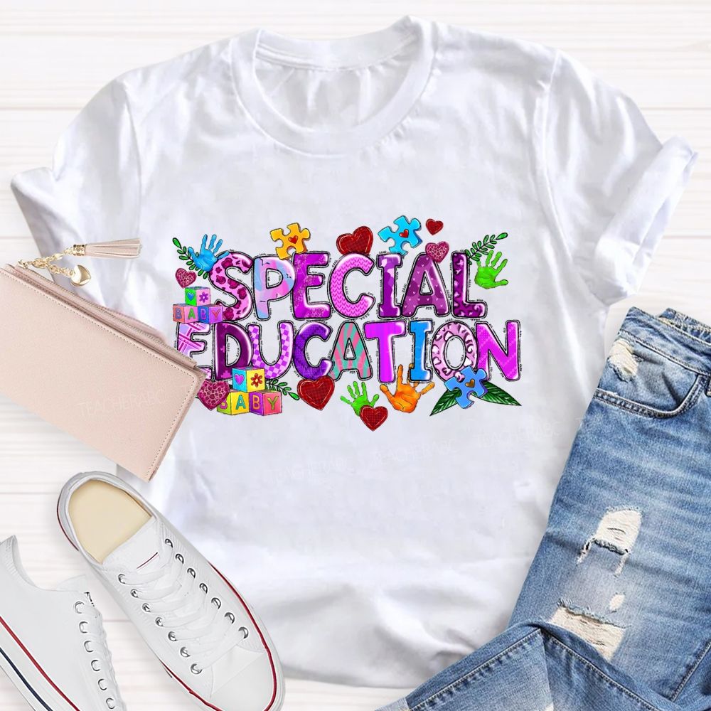 Special Education Purple Letters Heart Teacher T-shirt