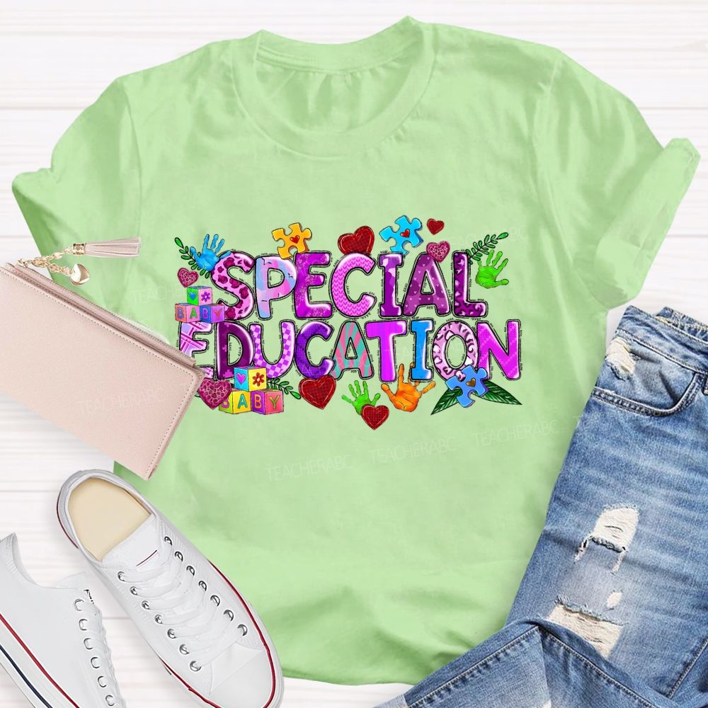 Special Education Purple Letters Heart Teacher T-shirt
