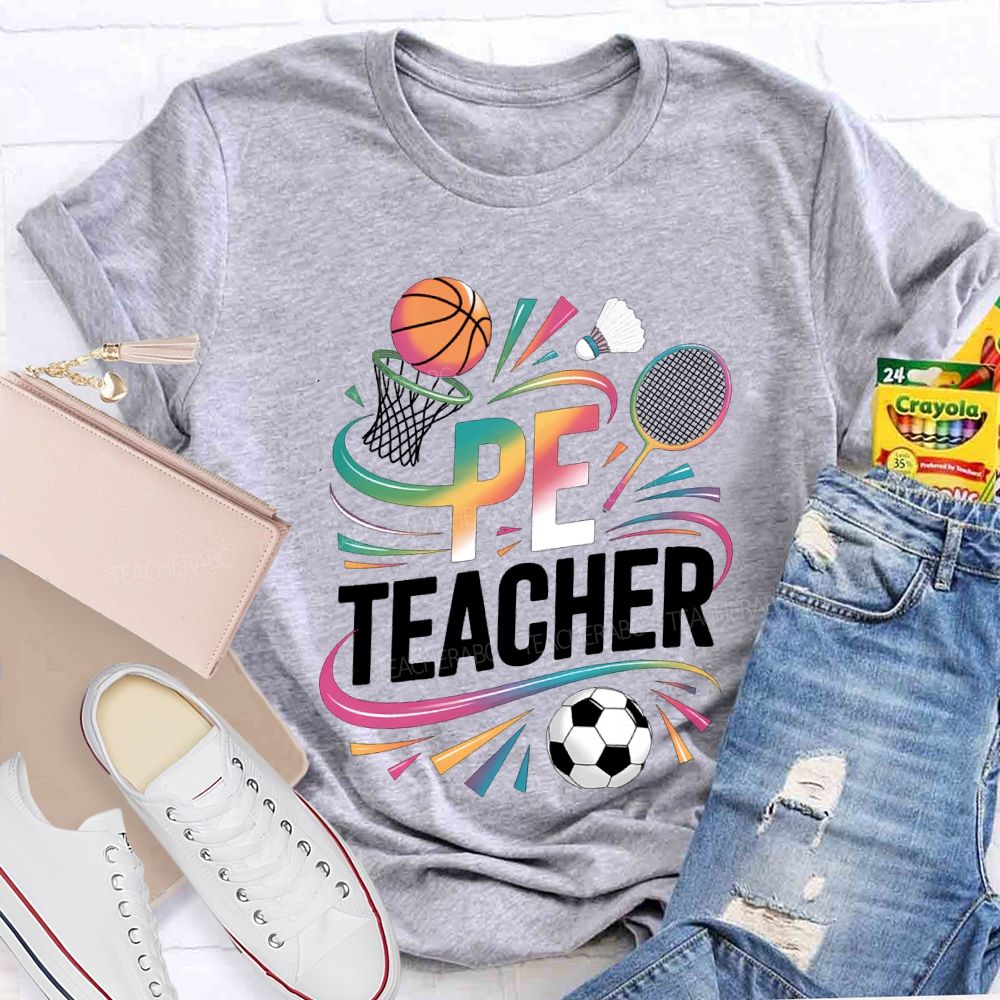 Pe Teacher Various Ball Games And Color Gradient Fonts T-shirt