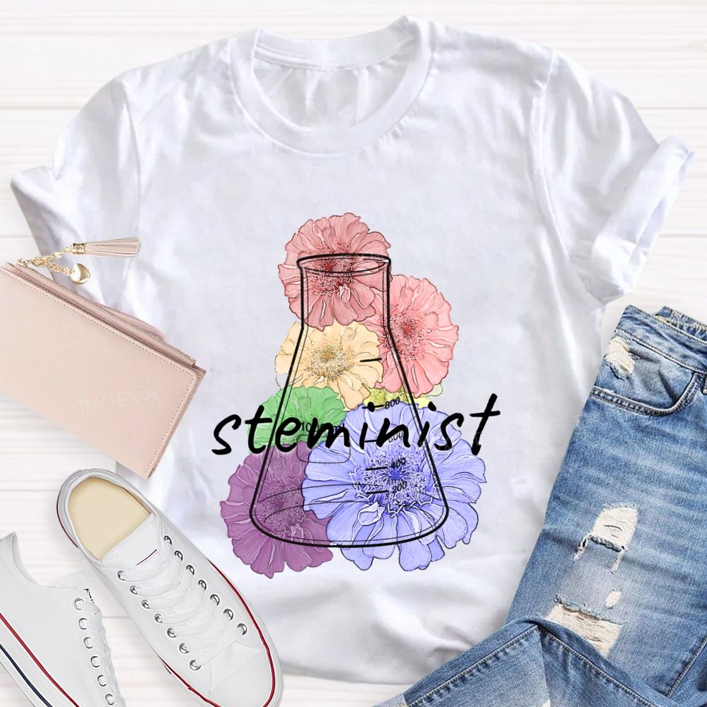 Steminist Laboratory Flasks And Colorful Flowers Teacher T-shirt