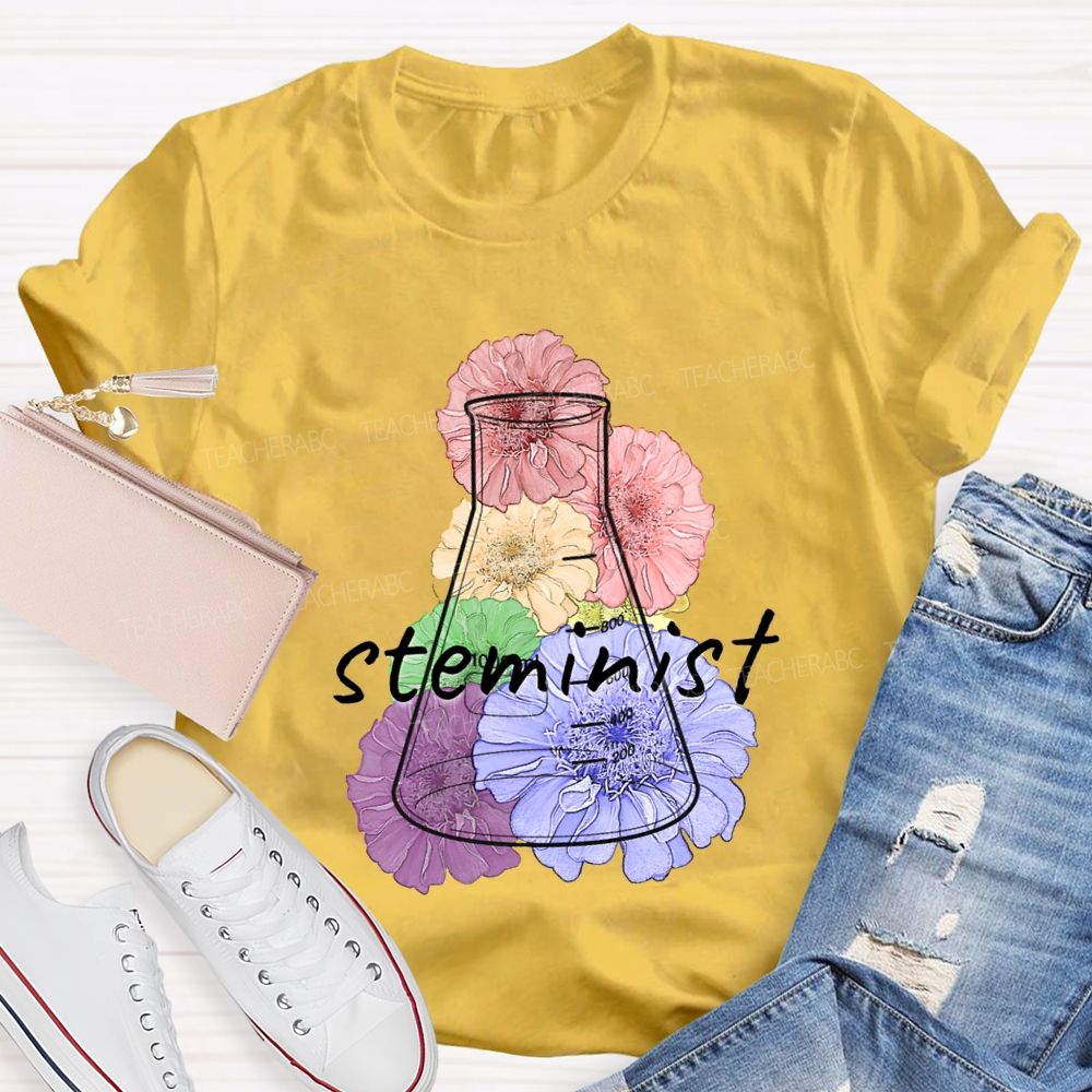 Steminist Laboratory Flasks And Colorful Flowers Teacher T-shirt