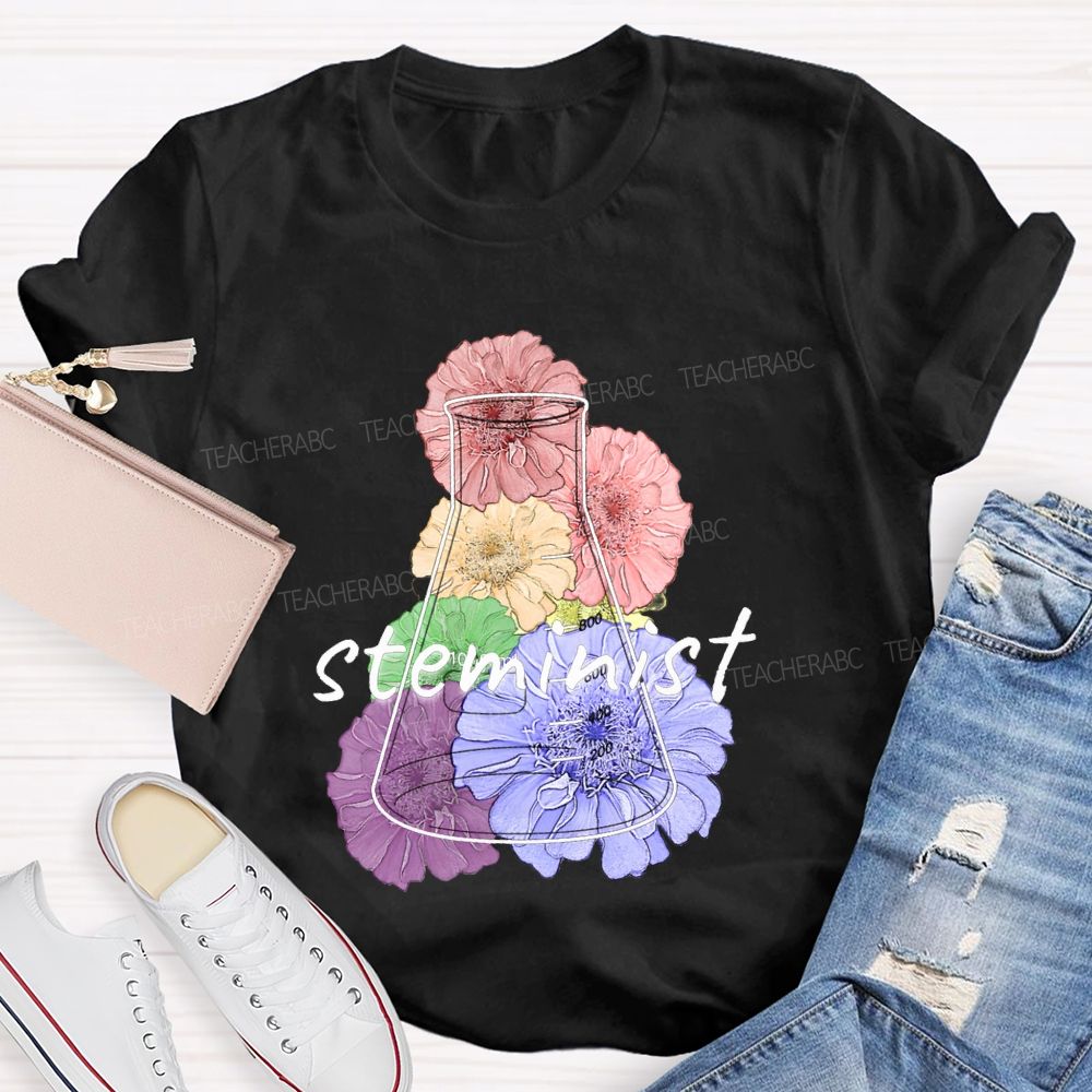 Steminist Laboratory Flasks And Colorful Flowers Teacher T-shirt