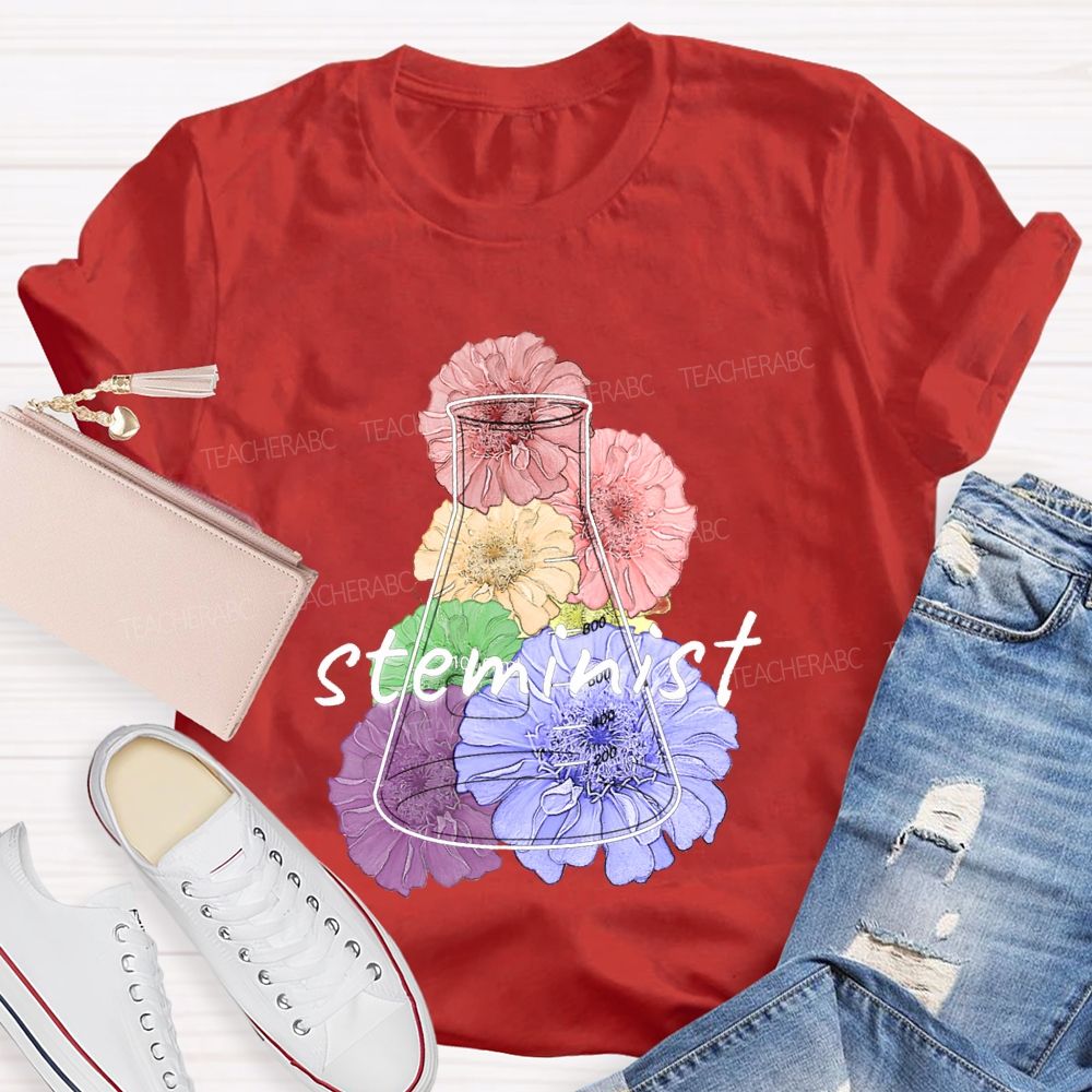 Steminist Laboratory Flasks And Colorful Flowers Teacher T-shirt