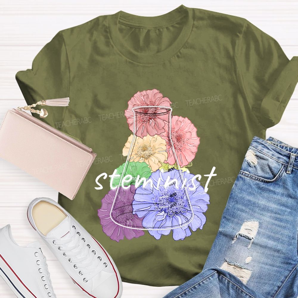 Steminist Laboratory Flasks And Colorful Flowers Teacher T-shirt