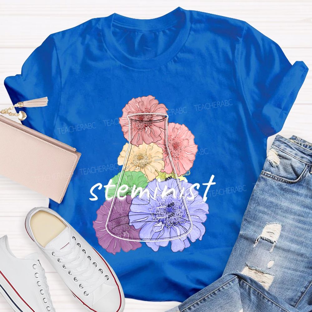Steminist Laboratory Flasks And Colorful Flowers Teacher T-shirt